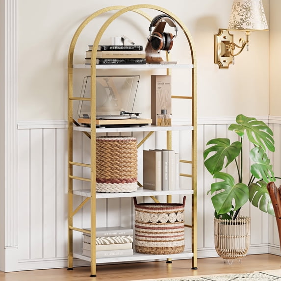 Walsunny 4-Tier Arched Bookshelf Industrial Open Storage Shelf, Display Bookshelves with Metal Frame, Rustic Wood Tall Bookcase for Living Room, Home Office, Gold