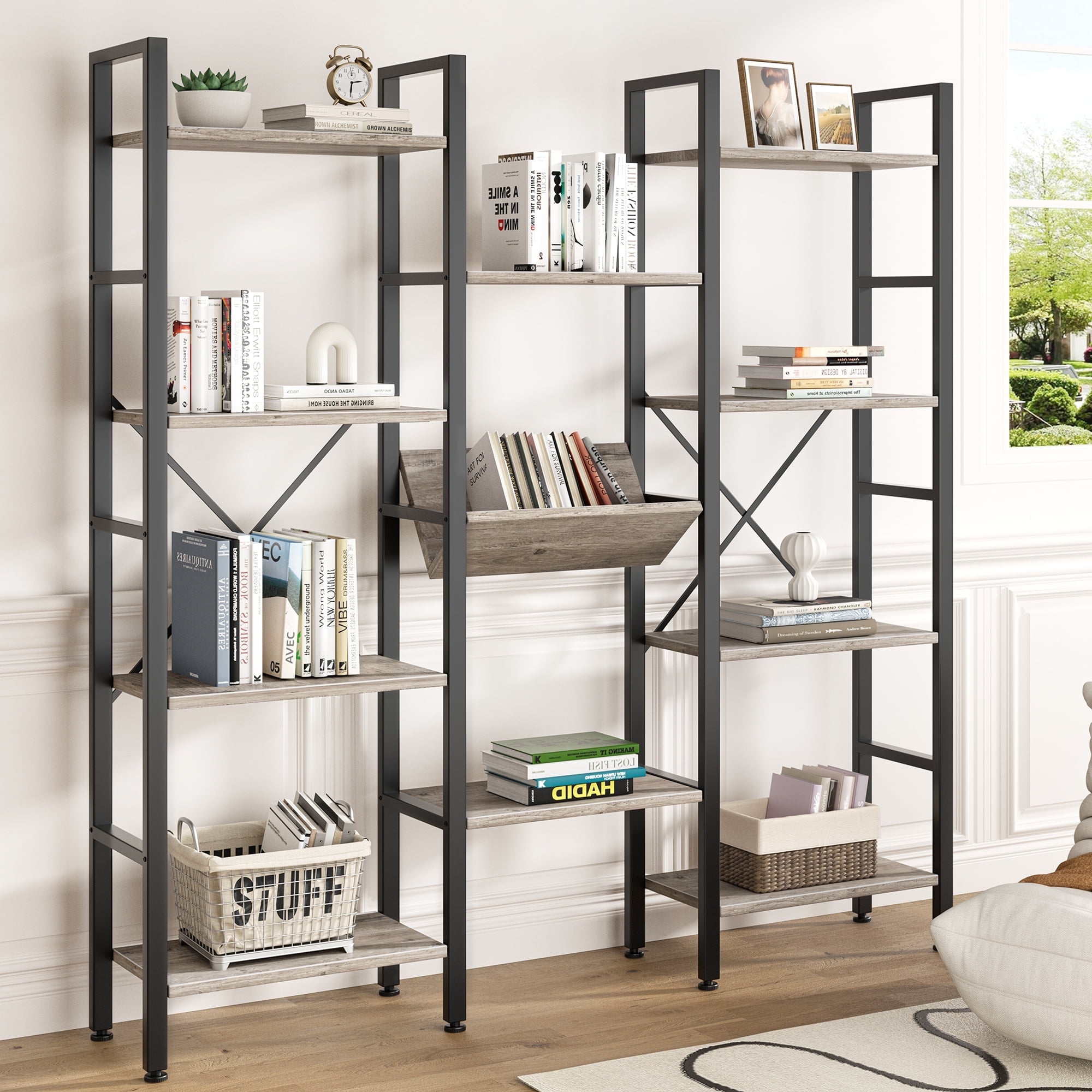 Walsunny Triple Wide 4 Tier Bookshelf Bookcase Wooden Bookshelves with 11 Open Display Shelves for Bedroom Living Room Home Office,Gray