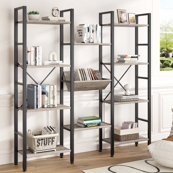 Walsunny Triple Wide 4 Tier Bookshelf Bookcase Wooden Bookshelves with 11 Open Display Shelves for Bedroom Living Room Home Office,Gray