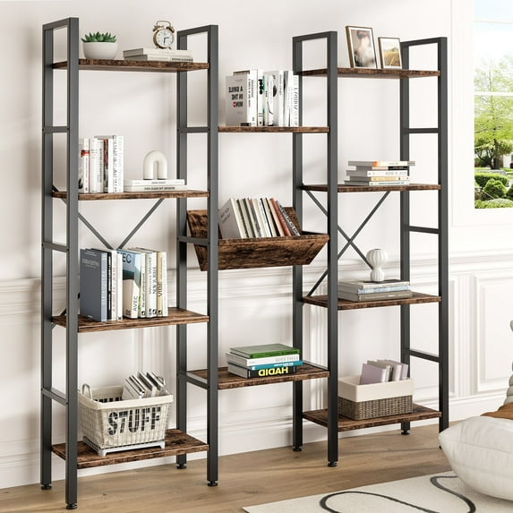 Walsunny Triple Wide 4 Tier Bookshelf Bookcase Wooden Bookshelves with 11 Open Display Shelves for Bedroom Living Room Home Office,Rustic Brown