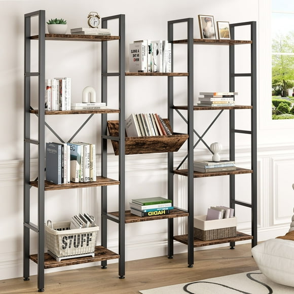 Walsunny 4 Tier Bookshelf Triple Wide Industrial Bookcase Large Open Display Bookshelves with Metal Frame Wood Style Shelves Rustic Brown