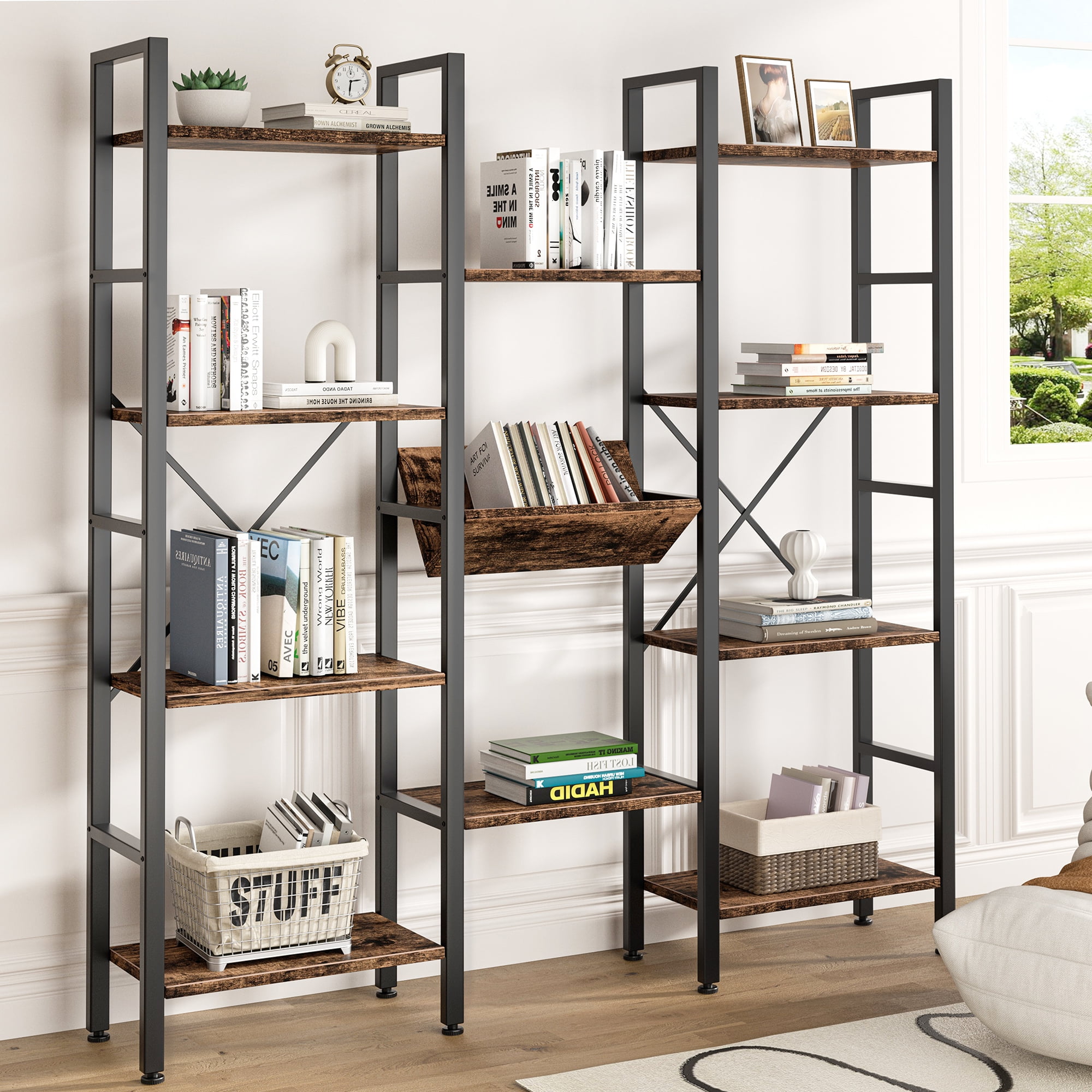 Walsunny 4 Tier Ladder Bookshelf with Solid Iron Frame, Rustic Brown
