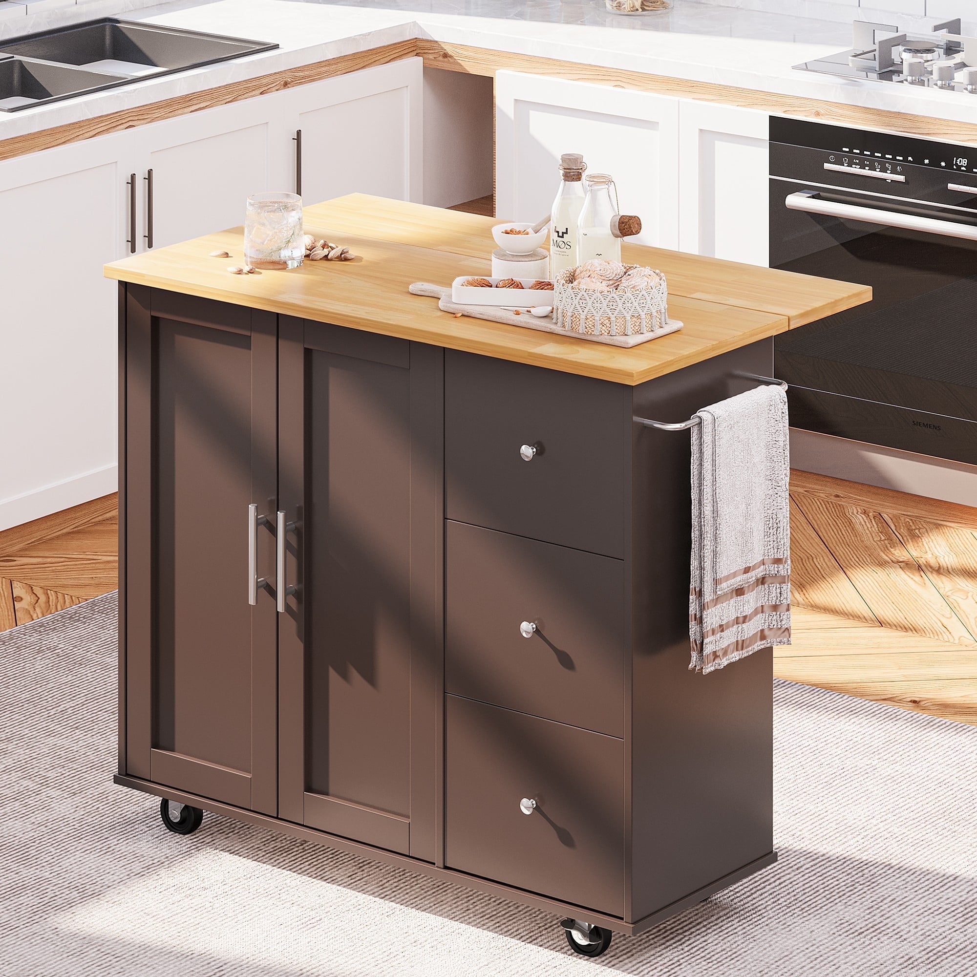 Walsunny 40" Kitchen Islands Carts with Storage Drop Leaf Countertop on Wheels Rolling Microwave Utility Carts with 3 Drawers 1 Storage Cabinets,Brown