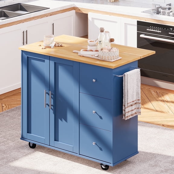 Walsunny 40" Kitchen Islands Carts with Storage Drop Leaf Countertop on Wheels Rolling Microwave Utility Carts with 3 Drawers 1 Storage Cabinets,Blue