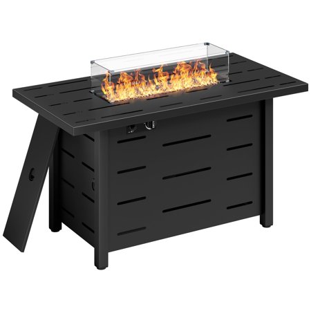 Walsunny 43 Inch Outdoor Fire Pit Table Propane Gas with Lid and Lava Rock 50000 BUT Fire Table with Glass Wind Guard and Waterproof Cover
