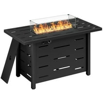 Walsunny 43 Inch Outdoor Fire Pit Table Propane Gas with Lid and Lava Rock 50000 BUT Fire Table with Glass Wind Guard and Waterproof Cover