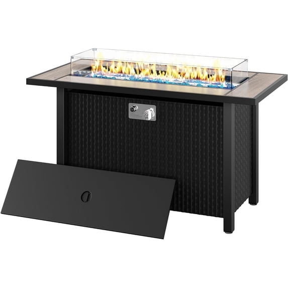Walsunny 45" Propane Fire Pit Table 50,000 BTU Steel Gas Fire Pit with Lid and Glass Stones Rectangular Wood