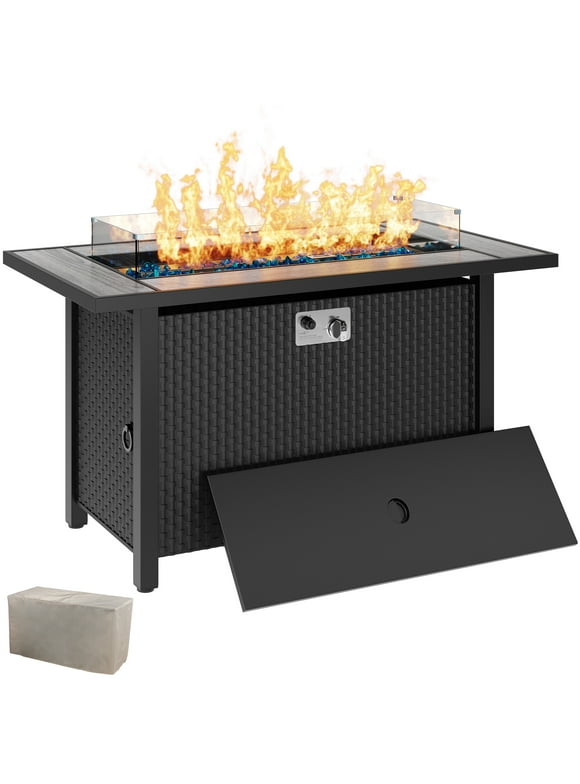 Walsunny 45" Propane Fire Pit Table 50,000 BTU Steel Gas Fire Pit with Removable Lid & Waterproof Cover and Tables
