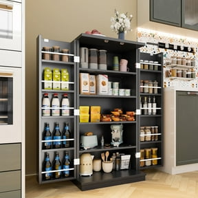 Walsunny Pantry Food Storage Cabinet 47" Free Standing Craft Cupboard with Doors Adjustable Shelves for Kitchen Entryway Dining Room Bathroom Black