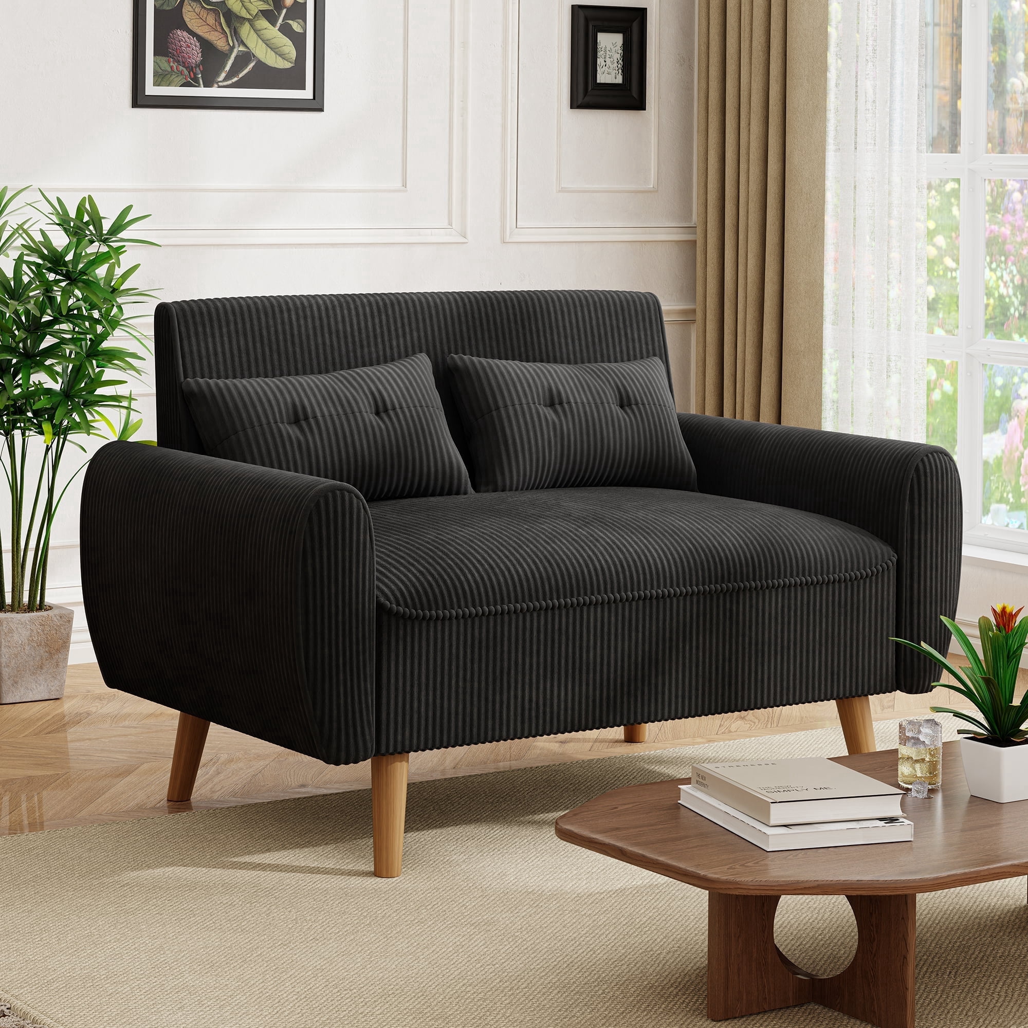 Walsunny 49" Loveseat Sofa Couch, 2-Seat Fabric Upholstered Sofa with 2 Removable Pillows, Modern Loveseat Couch, Wood Leg, Black