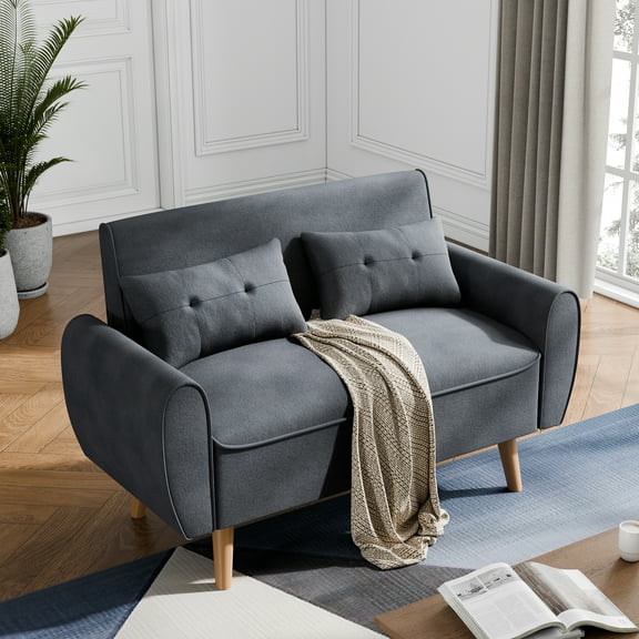 Walsunny 47" Small Modern Loveseat Couch Sofa, Fabric Upholstered 2-Seat Sofa, Love Seat Furniture with 2 Pillows, Wood Leg Dark Grey