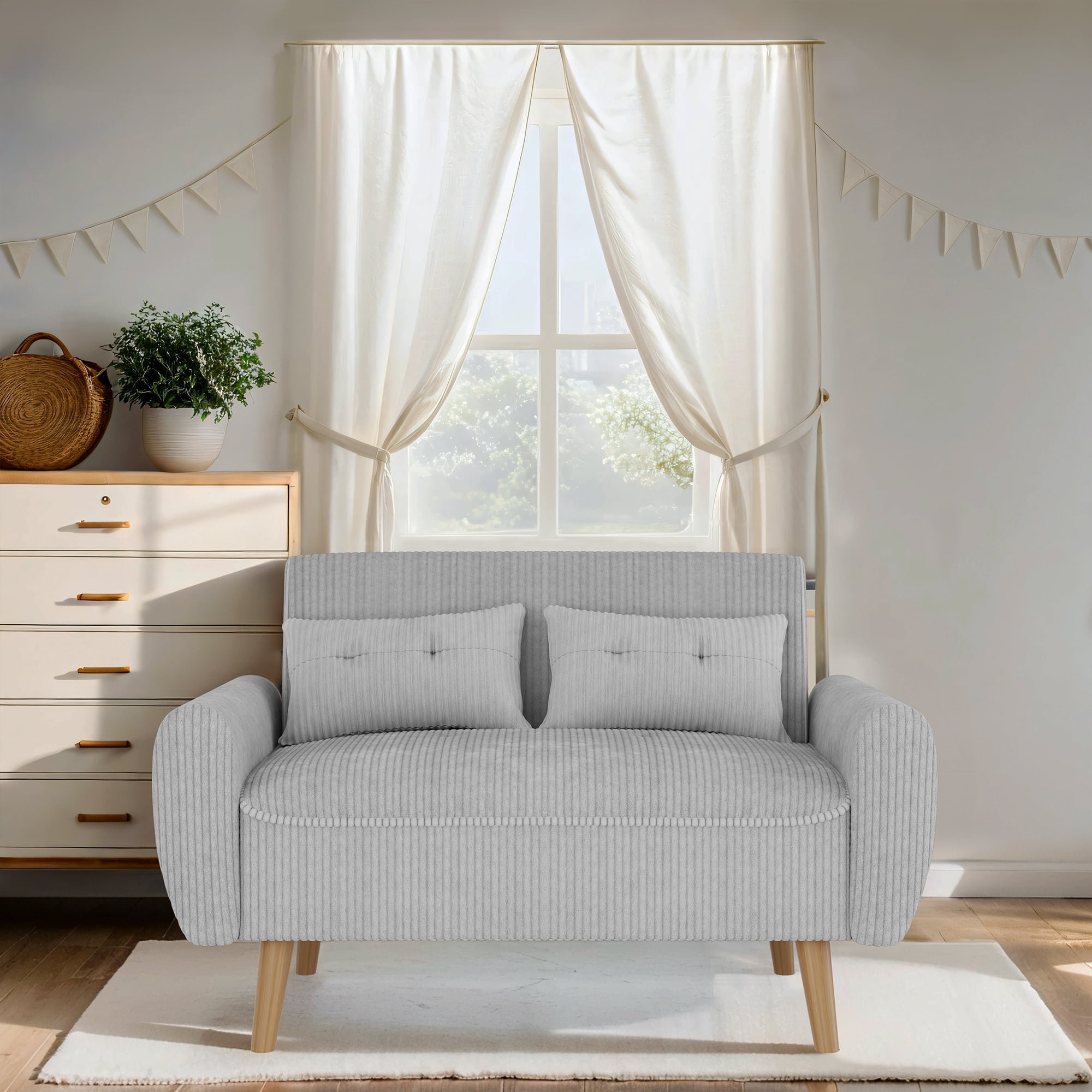 Walsunny 49" Loveseat Sofa Couch, 2-Seat Fabric Upholstered Sofa with 2 Removable Pillows, Modern Loveseat Couch, Wood Leg, Light Grey