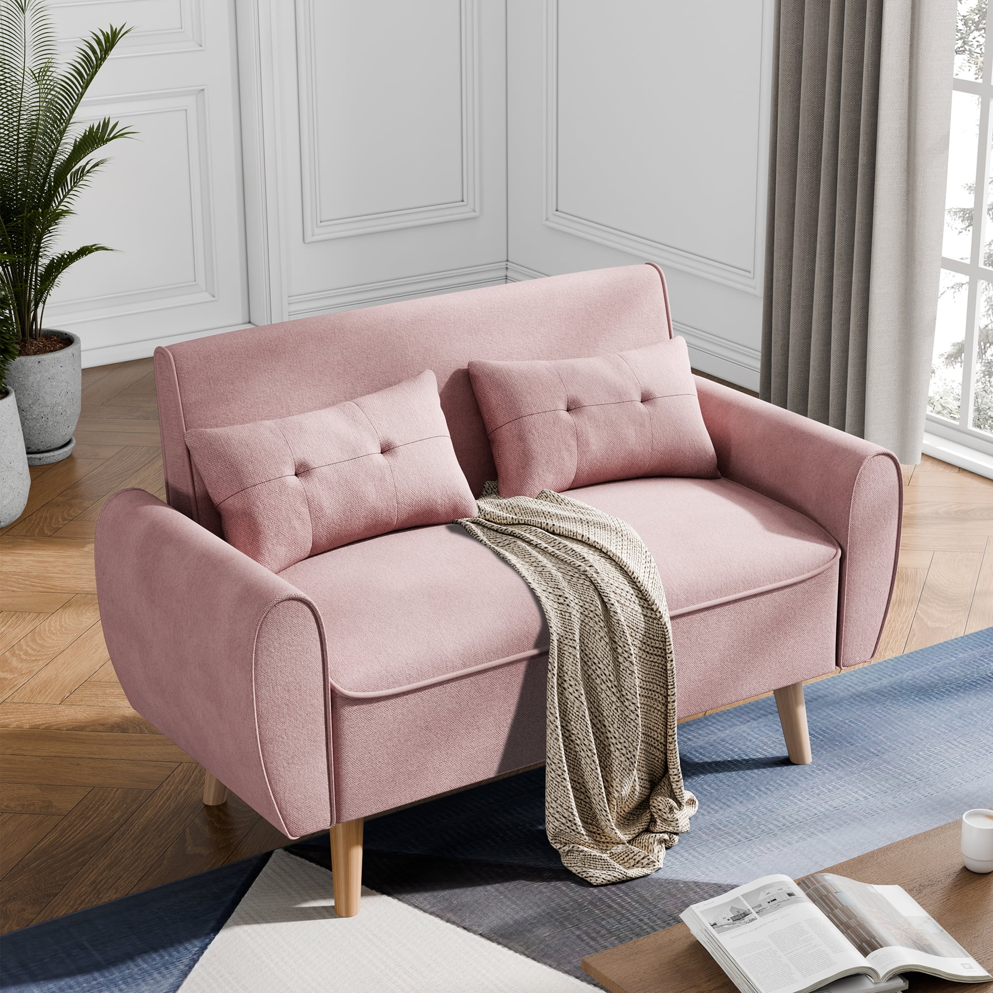 Walsunny 47 Small Modern Loveseat Couch Sofa Fabric Upholstered 2 Seat Sofa Love Seat Furniture with 2 Pillows Wood Leg Pink