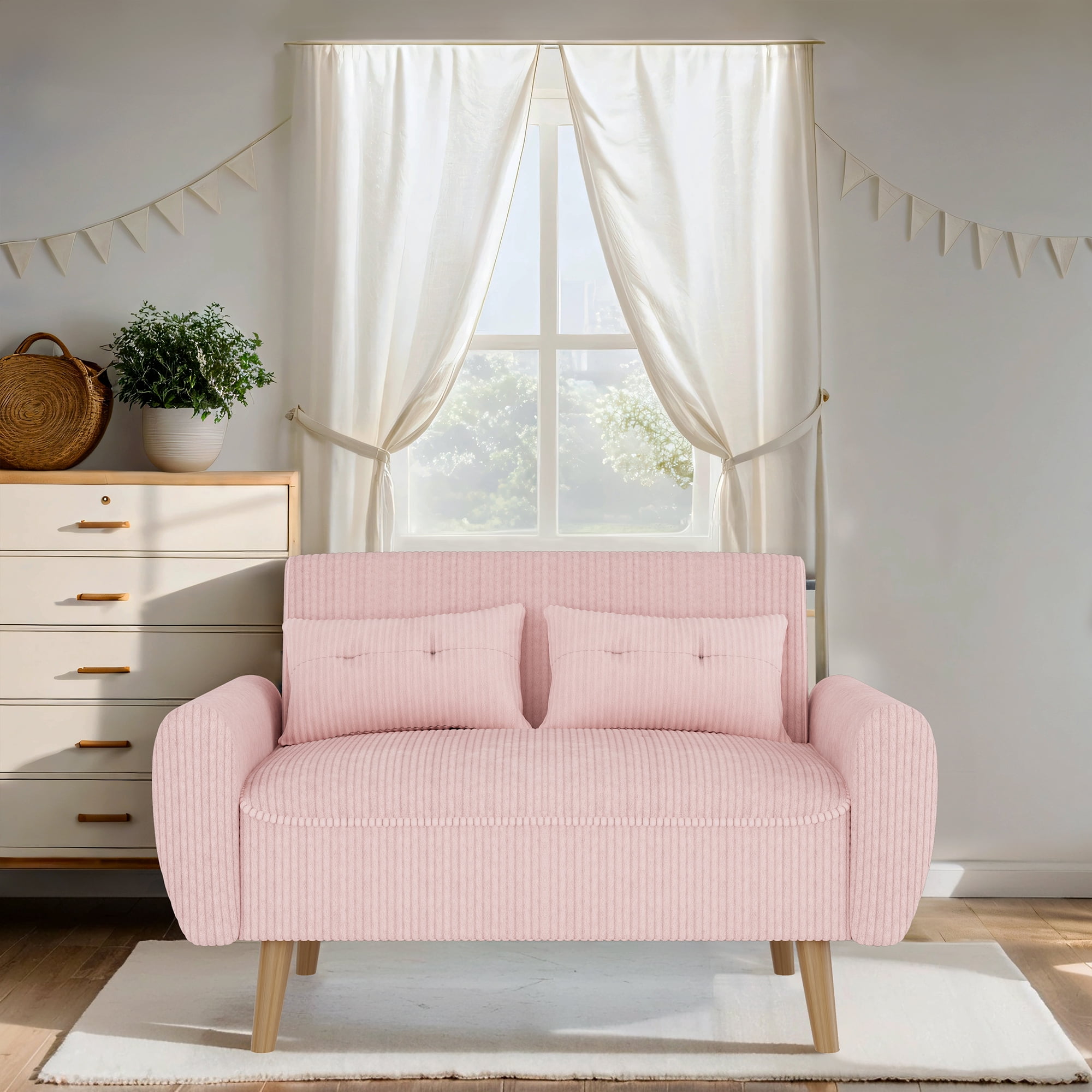 Walsunny 49" Loveseat Sofa Couch, 2-Seat Fabric Upholstered Sofa with 2 Removable Pillows, Modern Loveseat Couch, Wood Leg, Pink