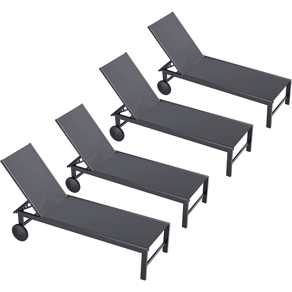 Walsunny 4pcs Patio Outdoor Chaise Lounge Chair with Wheels for Outside Aluminum Adjustable Angle Lounge Chair Set（Dark Gray）