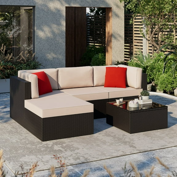 Walsunny Outdoor Furniture Set,5 Piece Small Patio Conversation Set Wicker Rattan Patio Seating Sofas with Cushion and Tempered Glass Table, Khaki