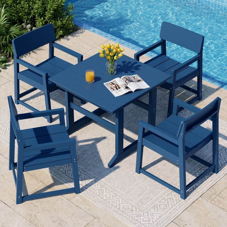 all weather patio furniture with umbrella Walsunny 5-Piece Polywood Outdoor Dining FurnitureAll-Weather Hdpe Patio Furniture Set,Square Patio Table and Chairs,Blue