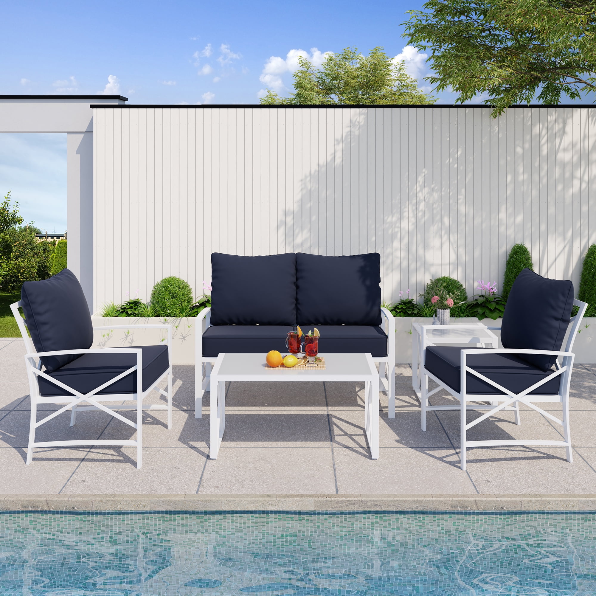 Walsunny 5-Piece Outdoor Patio Set, Metal Loveseat Sofa & Coffee Table ...