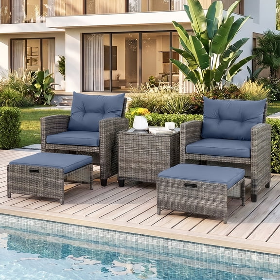Walsunny 5 Piece Patio Furniture Set, Outdoor Wicker Furniture Set with Ottomans, PE Rattan Patio Conversation Set with Lounge Chairs, Coffee Table & Cushion for Porch, Backyard, Balcony, Blue