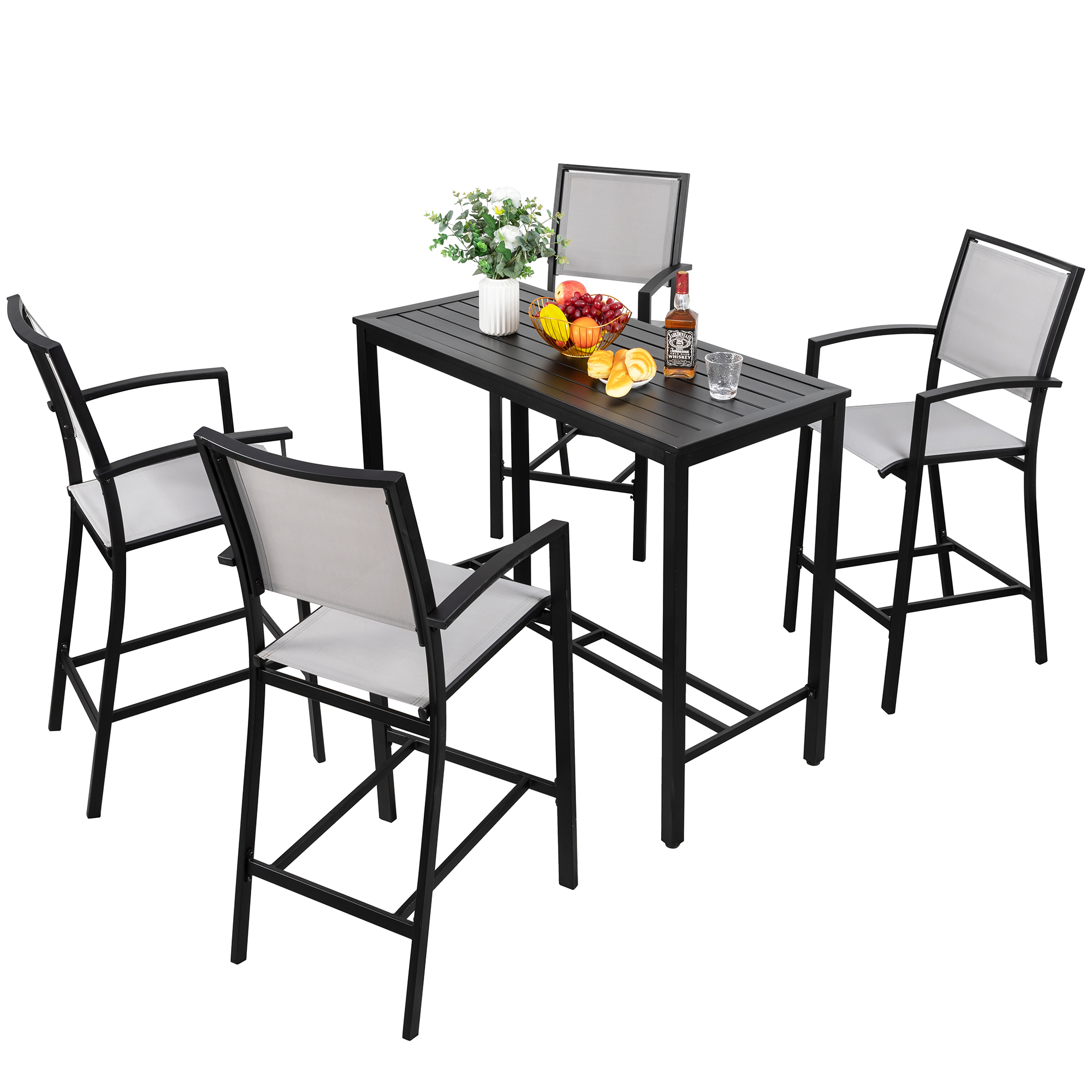 Walsunny 5 Piece Patio High Bar Set, Outdoor Bistro Set All Weather Metal Textilene Patio Dining Set Stools Chair of 4 and Bar Table Gray - image 1 of 7