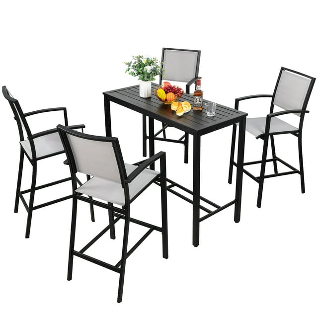 Walsunny 5 Piece Patio High Bar Set, Outdoor Bistro Set All Weather Metal Textilene Patio Dining Set Stools Chair of 4 and Bar Table Gray