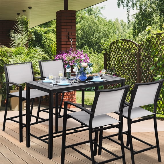 Walsunny 5 Piece Patio High Bar Set, Outdoor Bistro Set All Weather Metal Textilene Patio Dining Set Stools Chair of 4 and Bar Table Gray