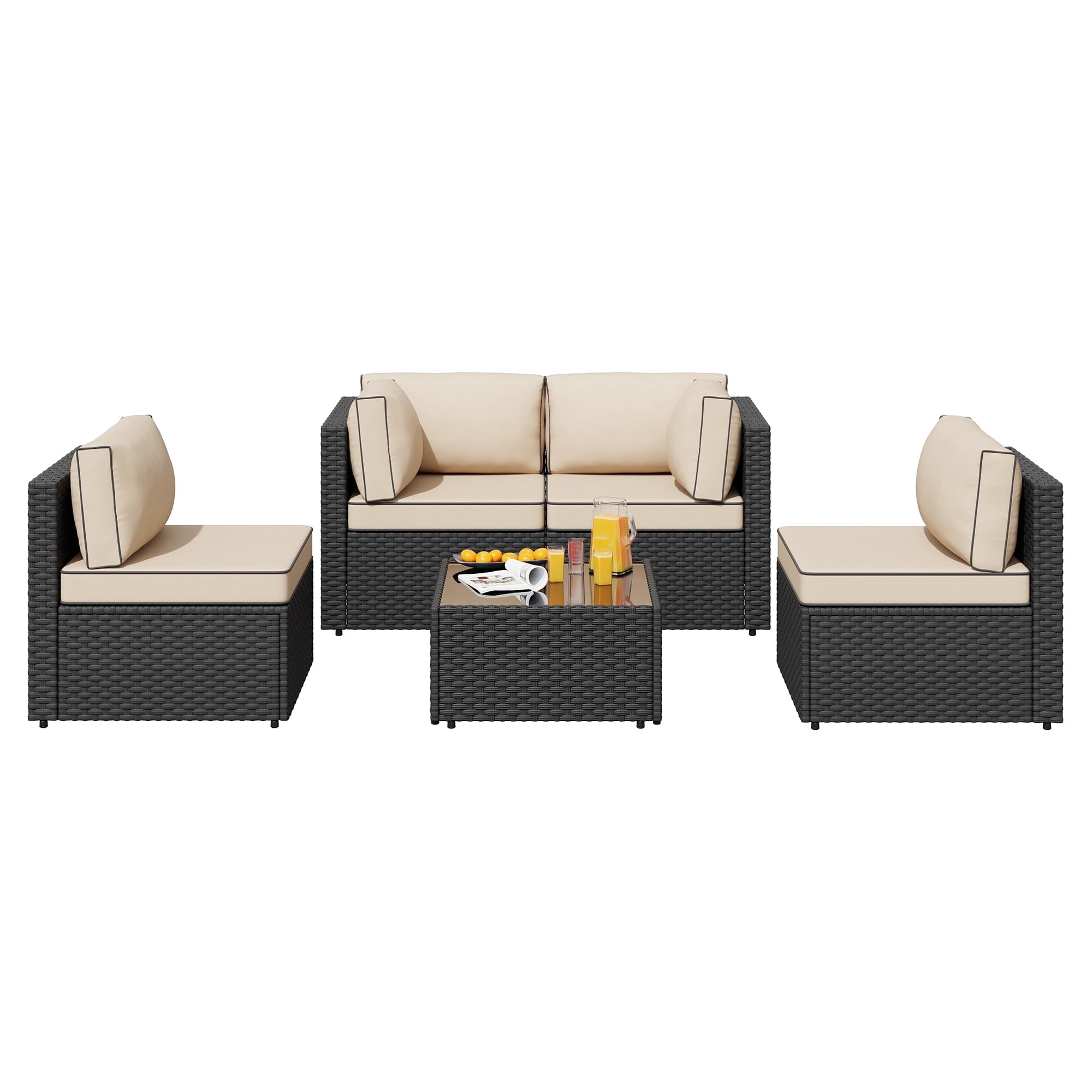 Walsunny 5 Pieces Patio Furniture Sets, Outdoor Wicker Rattan Patio Conversation Set with Cushions and Glass Table for Backyard, Garden,Pool, Black Rattan Khaki Cushions