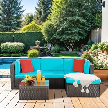 Walsunny 5-Piece All-Weather Outdoor Sectional Sofa Set, PE Rattan Conversational Patio Furniture, Blue