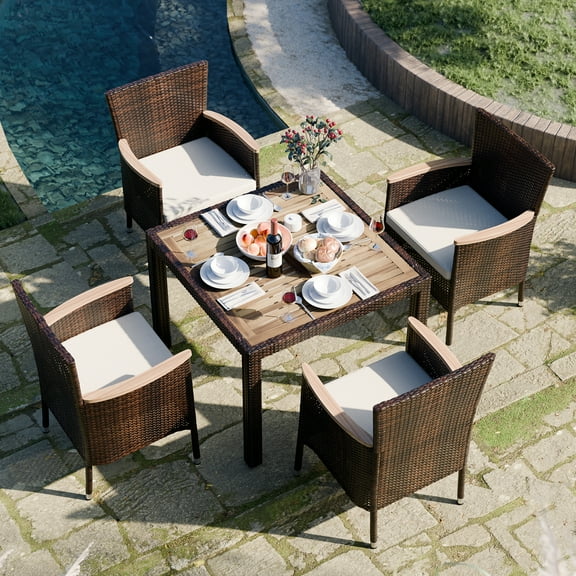 Walsunny 5 Pieces Outdoor Patio Dining Set Wicker Patio Furniture Set with Wood Table and 4 Wood Armrest Chairs with Soft Cushions,Brown