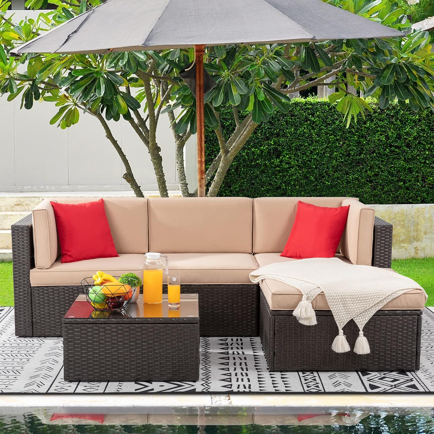 Walsunny 5 Pieces Patio Furniture Sets Outdoor All-Weather Sectional Patio Sofa Set PE Rattan Wicker Conversation Set Beige - image 1 of 7