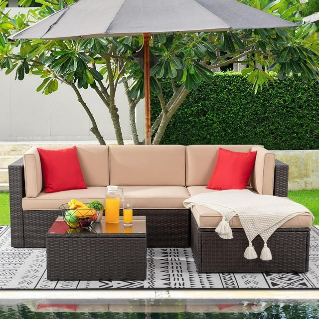 Walsunny 5 Pieces Patio Furniture Sets Outdoor All-Weather Sectional Patio Sofa Set PE Rattan Wicker Conversation Set Beige