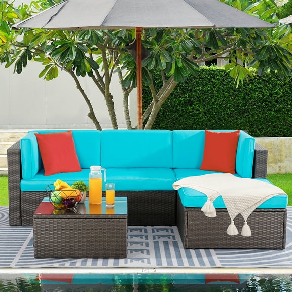 Walsunny 5 Pieces Patio Furniture Sets Outdoor All-Weather Sectional Patio Sofa Set PE Rattan Wicker Conversation Set Blue