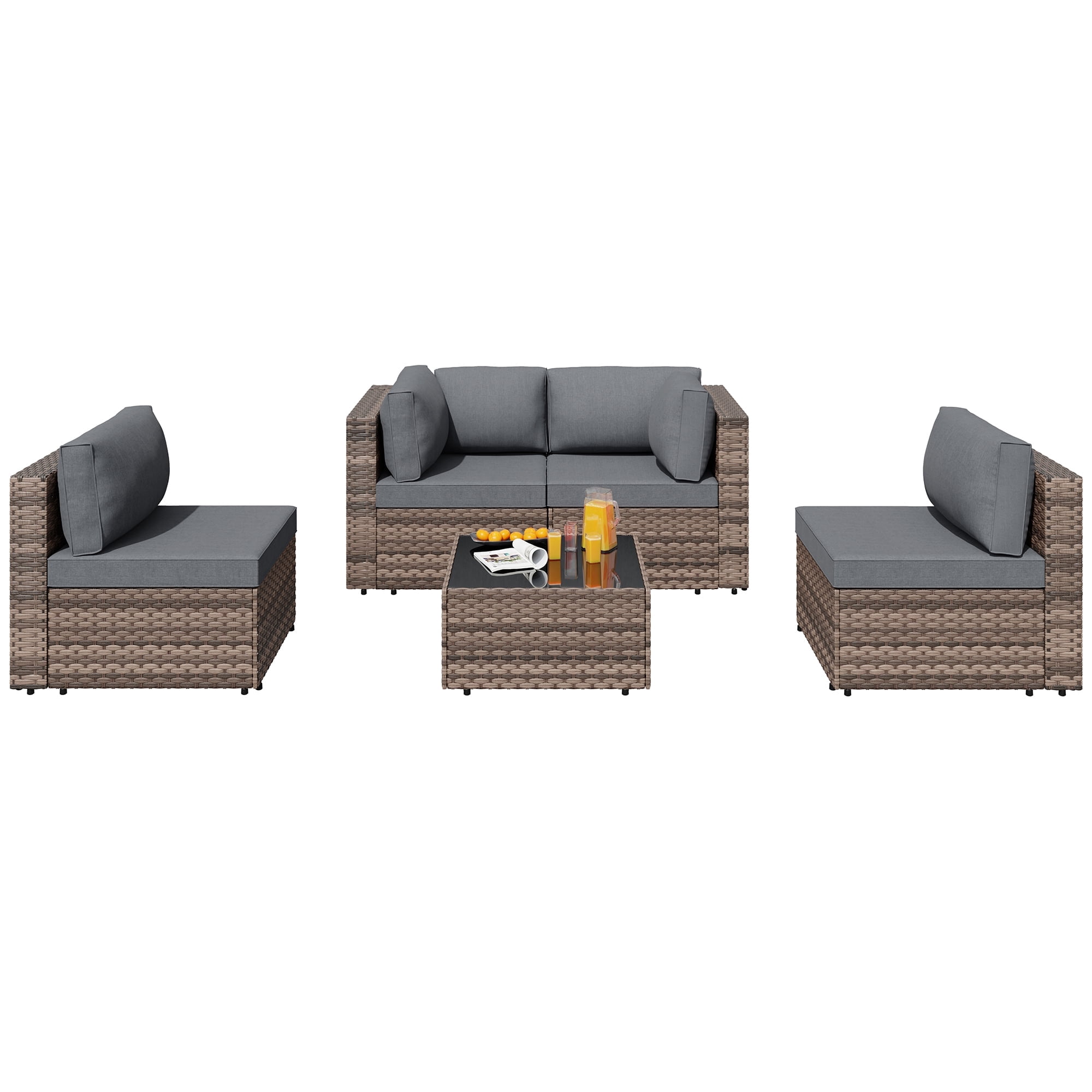Walsunny 5 Pieces Patio Furniture Sets, Outdoor Wicker Rattan Patio Conversation Set with Cushions and Glass Table for Backyard, Garden,Pool, Brown Rattan Gray Cushions