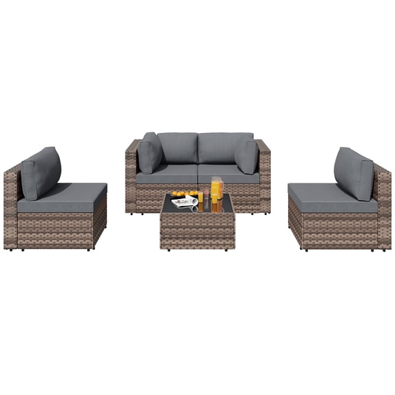 Walsunny 5 Pieces Patio Furniture Sets, Outdoor Wicker Rattan Patio Conversation Set with Cushions and Glass Table for Backyard, Garden,Pool, Brown Rattan Gray Cushions