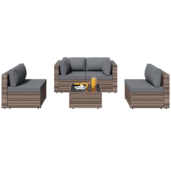 Walsunny 5 Pieces Patio Furniture Sets, Outdoor Wicker Rattan Patio Conversation Set with Cushions and Glass Table for Backyard, Garden,Pool, Brown Rattan Gray Cushions