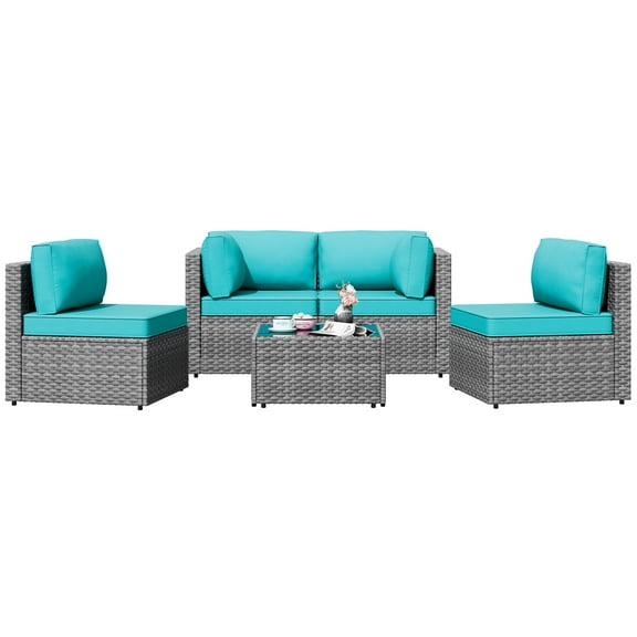 Walsunny 5 Pieces Patio Furniture Sets, Outdoor Wicker Rattan Patio Conversation Set with Cushions and Glass Table for Backyard, Garden,Pool, Silver Rattan Blue Cushions