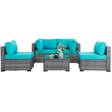 Walsunny 5 Pieces Patio Furniture Sets, Wicker Rattan Outdoor Sectional Sofa with Glass Table and Cushions Blue