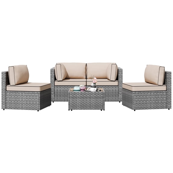 Walsunny 5 Pieces Patio Furniture Sets, Outdoor Wicker Rattan Patio Conversation Set with Cushions and Glass Table for Backyard, Garden,Pool, Silver Rattan Khaki Cushions