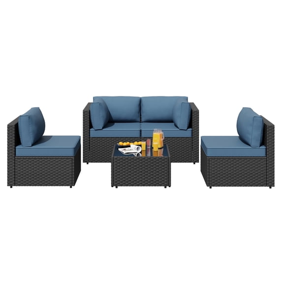 Walsunny 5 Pieces Patio Furniture Sets, Outdoor Wicker Rattan Patio Conversation Set with Cushions and Glass Table for Backyard, Garden,Pool, Black Rattan Dark Blue Cushions