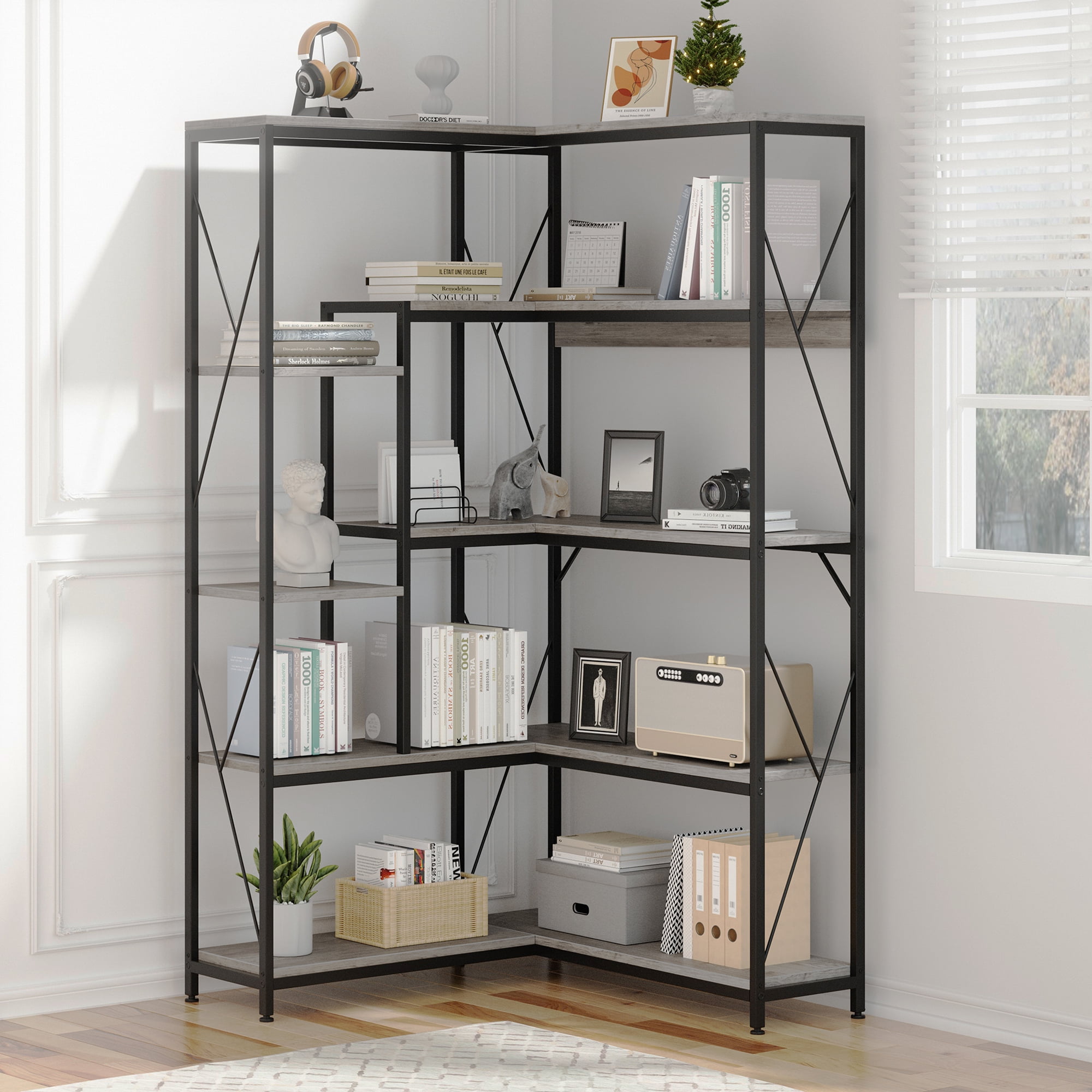 Walsunny 5Tier Corner Bookshelf Industrial Corner Bookcase Corner with