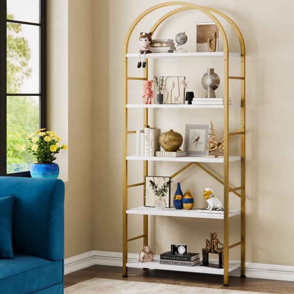 Walsunny 5-Tier Corner Bookshelf Industrial Corner Bookcase Corner with Metal Frame Large Open Display Bookshelves U-Shaped White