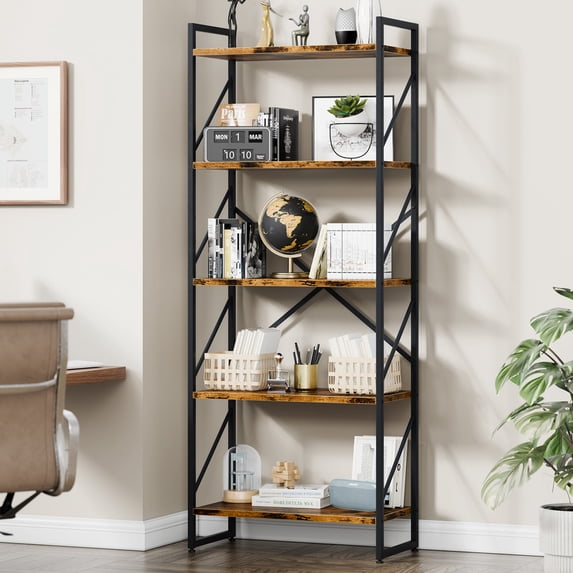 Walsunny Bookshelves Wooden Bookcases 5 Tiers H-Shaped Bookshelf with 5 Open Display Shelves Brown