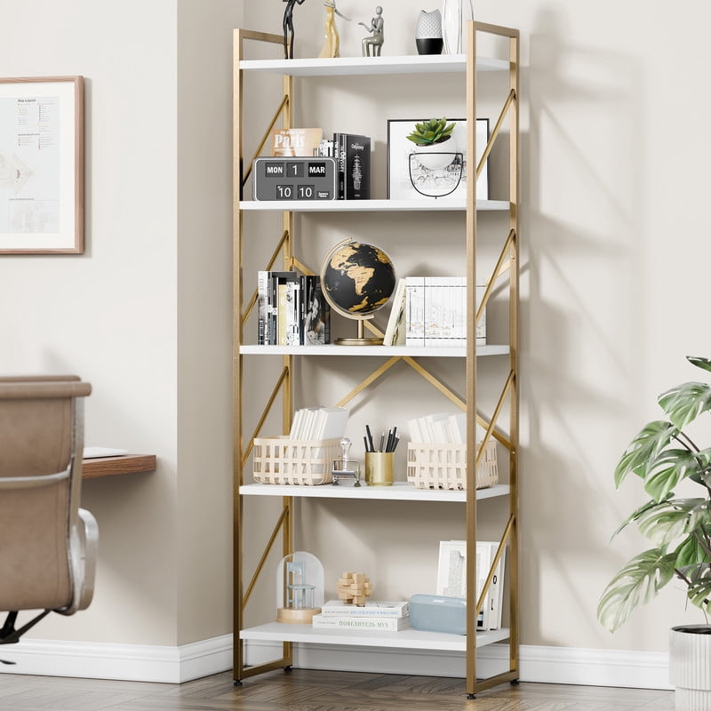 Walsunny Bookshelves Wooden Bookcases 5 Tiers H-Shaped Bookshelf with 5 Open Display Shelves Gold