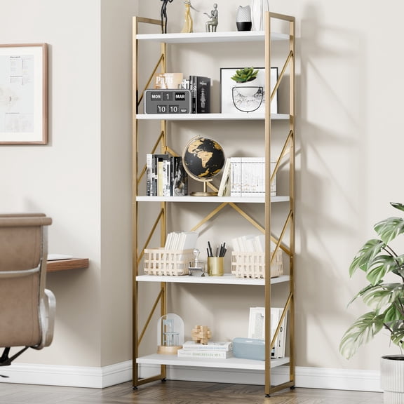 Walsunny Bookshelves Wooden Bookcases 5 Tiers H-Shaped Bookshelf with 5 Open Display Shelves Gold