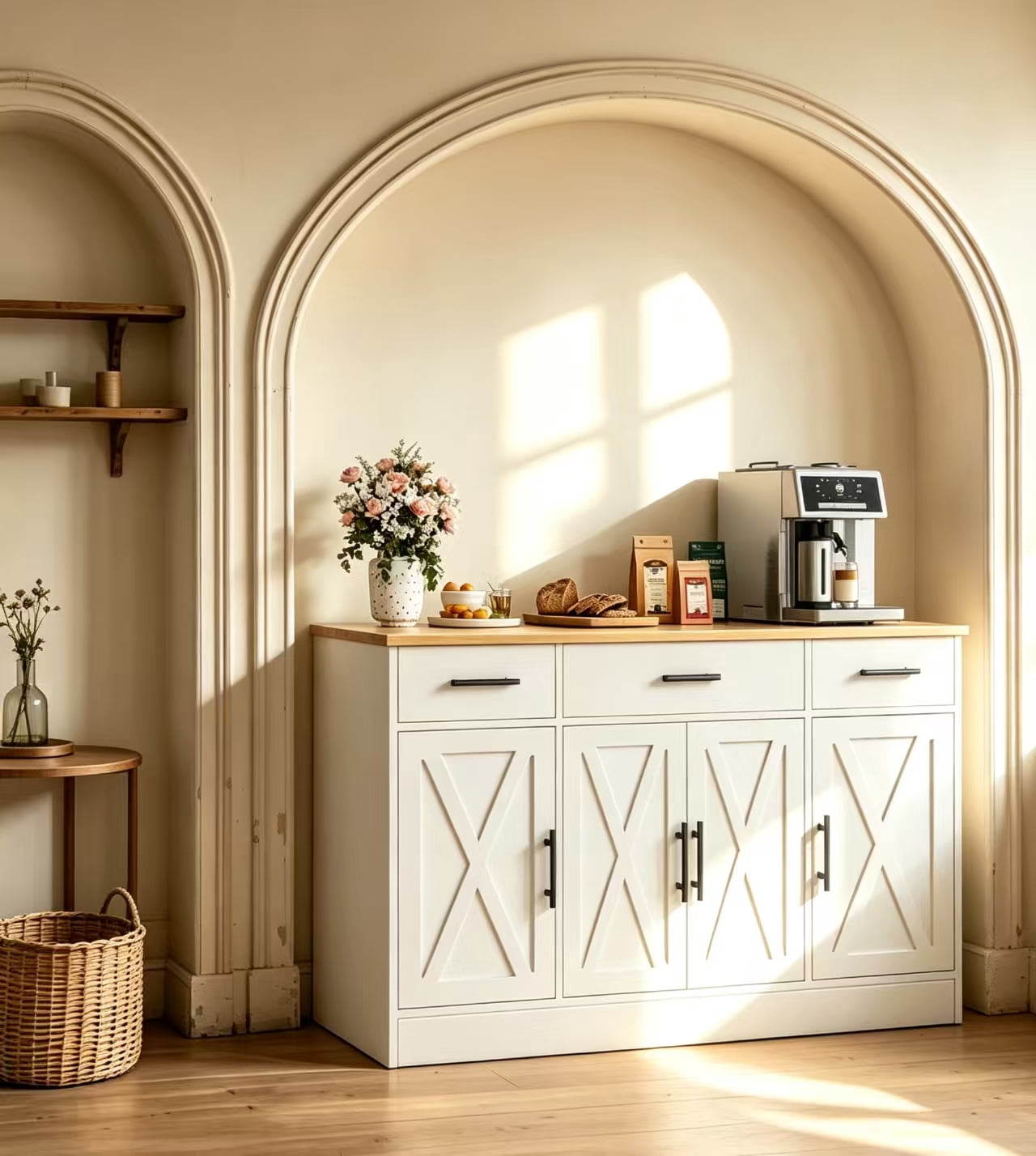 Walsunny 53.4" Sideboards Buffets Cabinet Table with 3 Drawers 4 Doors Adjustable Shelf Farmhouse Coffee Bar Cabinet with Storage for Kitchen Living Room Dining Room White