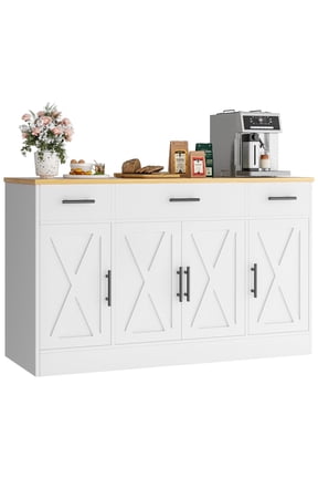 53.4" Sideboards Buffets Cabinet Table with 3 Drawers 4 Doors Adjustable Shelf Farmhouse Coffee Bar Cabinet with Storage for Kitchen Living Room Dining Room White
