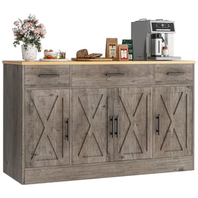 Walsunny 53.4" Sideboards Buffets Cabinet Table with 3 Drawers 4 Doors Adjustable Shelf Farmhouse Coffee Bar Cabinet with Storage for Kitchen Living Room Dining Room Gray