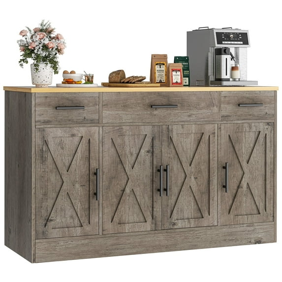 Walsunny 53.4" Sideboards Buffets Cabinet Table with 3 Drawers 4 Doors Adjustable Shelf Farmhouse Coffee Bar Cabinet with Storage for Kitchen Living Room Dining Room Gray