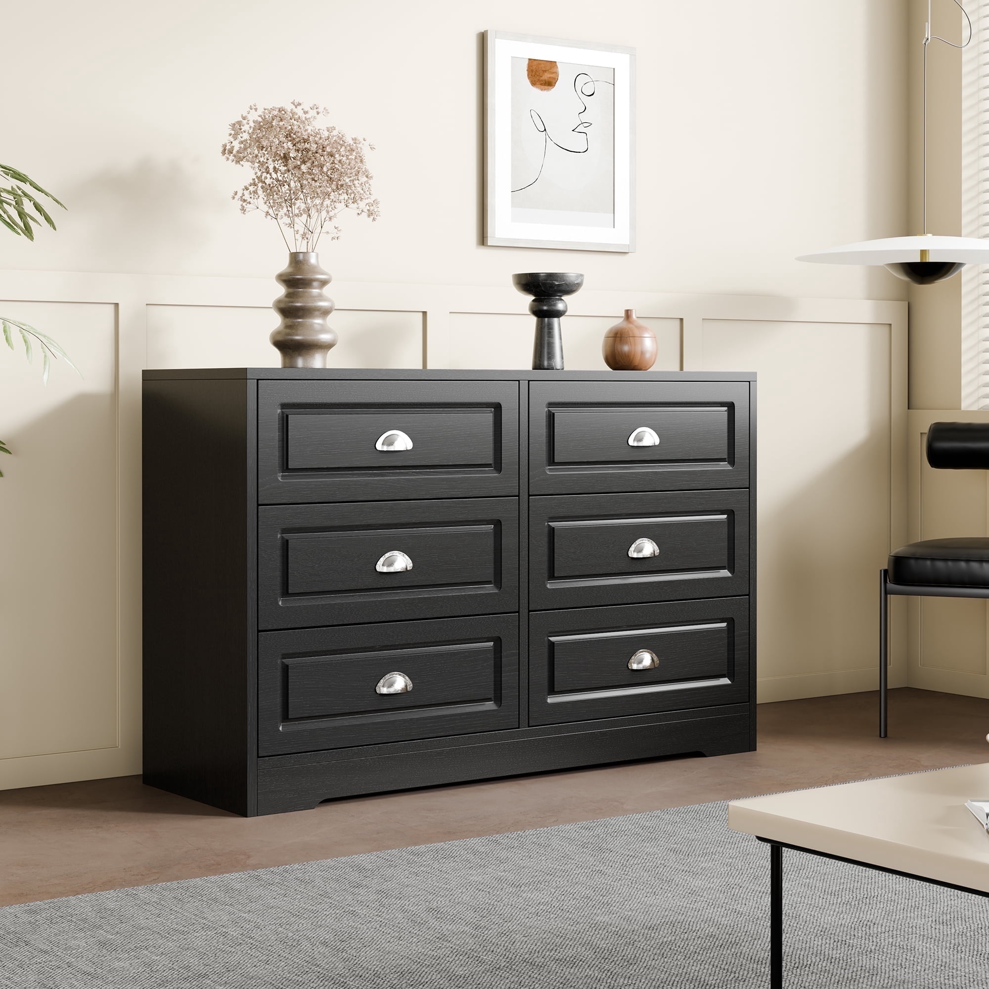 Walsunny 6 Drawer Wooden Dressers for Bedroom Adult with Metal Handles Modern Chest of Dresser Organizer Wood Storage Cabinet Black