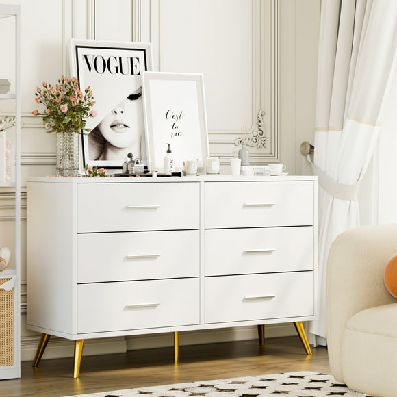 Walsunny 6 Drawer Double Dresser White Wooden Dresser Wide Chest of Drawers with Metal Foot Supprt Storage Organizer Dresser for Bedroom
